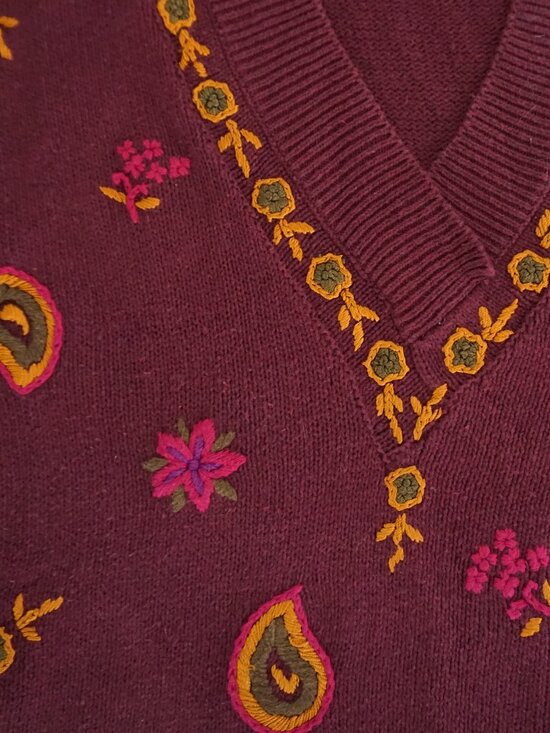 Vintage Studio Michelle Stuart Maroon Cotton Knit Floral V-Neck Sweater M - Picture 7 of 11